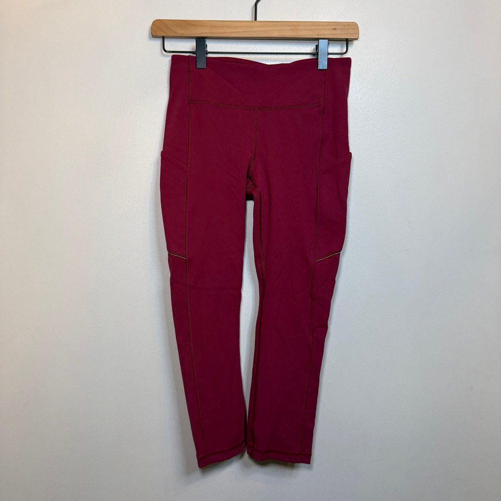 Lululemon Fast & Free High Rise Crop Leggings Pockets Burgundy Red Size 4